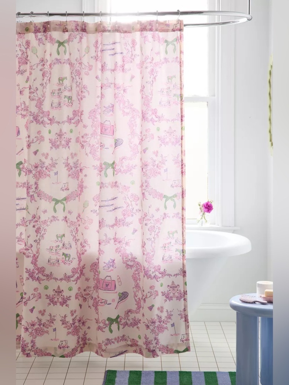 Urban Outfitters Pink Preppy Toile Patterned Shower Curtain Cottagecore